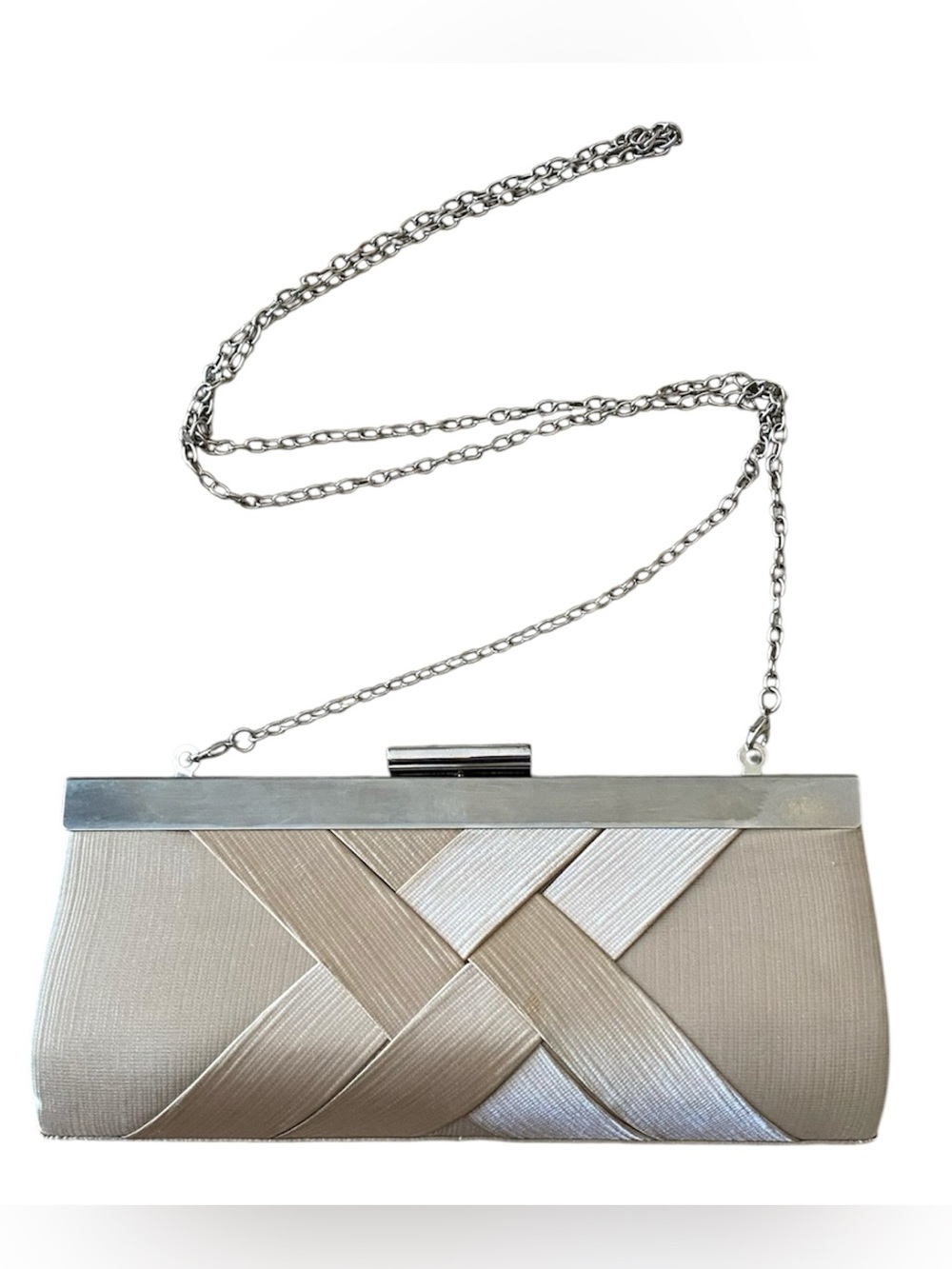 Charming Charlie Champagne, Gold, Tan, Cream, Silver Satin Clutch with Chain